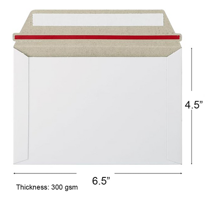 A white envelope with a kraft beige flap and a red seal strip, shown with dimension labels indicating 6.5 inches width and 4.5 inches height
