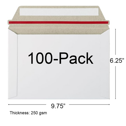 A white 100-pack of 250 gsm envelopes shown with dimension lines indicating a width of 9.75 inches, height of 6.