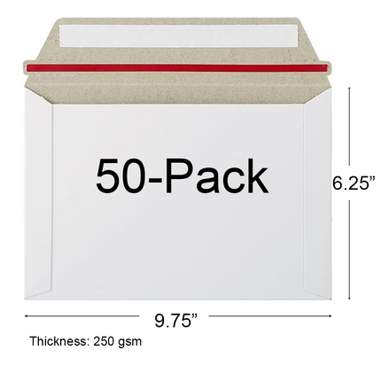 A white envelope shown on a light gray background with dimension lines and text indicating 50-pack quantity, 6.25" height, 9.