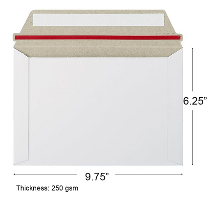A white 250 gsm envelope with a kraft paper flap and a red seal strip, shown with dimension lines indicating 9.75 inches by 6.