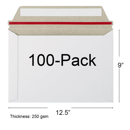 A pack of white 250 gsm envelopes shown with dimension labels: 12.5 inches wide, 9 inches tall, and 250 gsm thickness.