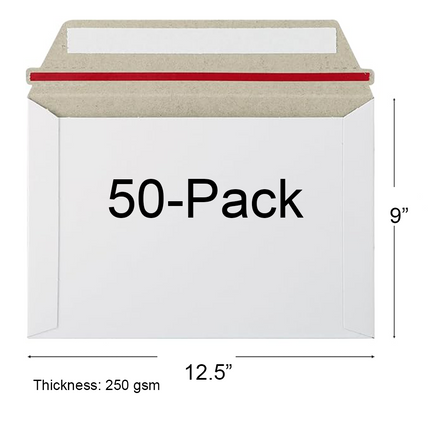 A white 250 gsm mailer envelope with a brown kraft flap and a red seal strip, shown with dimension lines and text indicating 12.5 inches by 9 inches and 50-pack quantity.