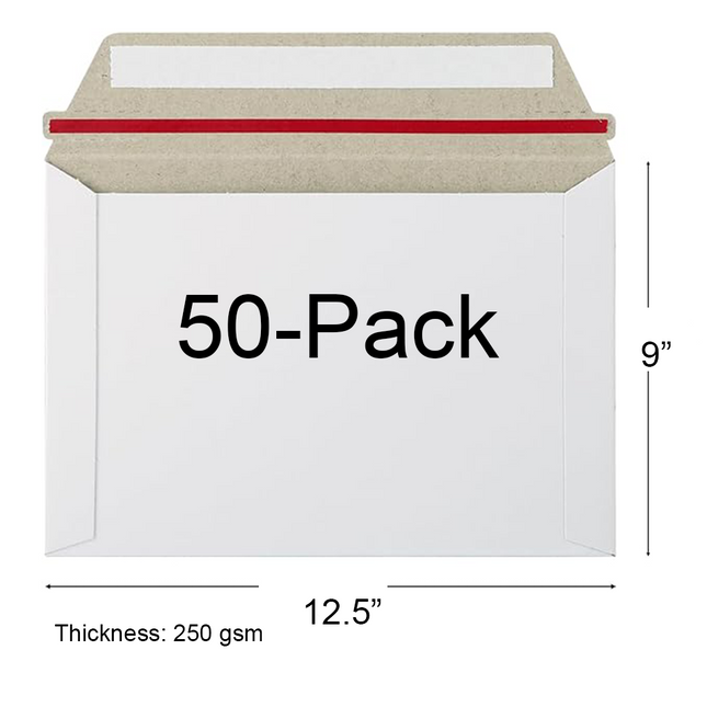 A white 250 gsm mailer envelope with a brown kraft flap and a red seal strip, shown with dimension lines and text indicating 12.5 inches by 9 inches and 50-pack quantity.