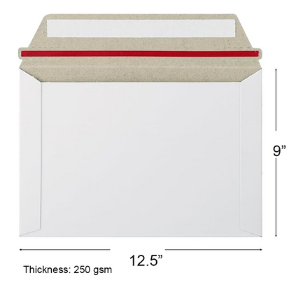 A white envelope with a kraft beige flap and a red seal strip, shown with dimension labels indicating 12.5 inches width, 9 inches height, and 250 gsm thickness on a white background.