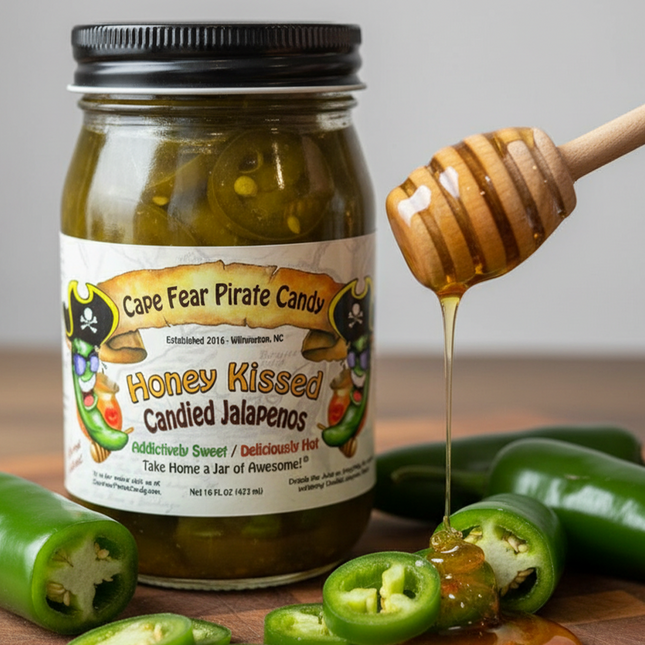 A jar of Cape Fear Pirate Candy Honey Kissed Candied Jalapeños stands on a wooden surface with sliced jalapeños and honey dripping from a wooden honey dipper. The jar has a black lid and a white label with pirate-themed graphics and the product name 'Honey Kissed Candied Jalapeños'.