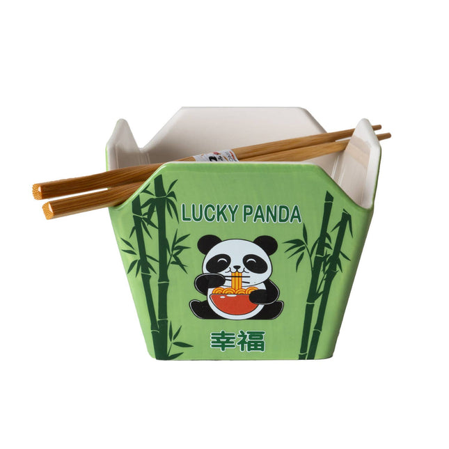 Green 'Lucky Panda' takeout container with chopsticks on a white background